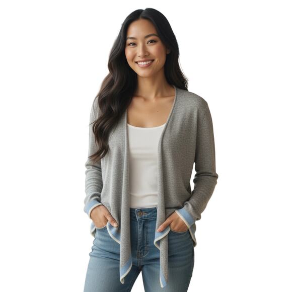 Casmari Gray Open Front Cashmere Blend Sweater with Blue & White Stripe Trim - Picture 1 of 8